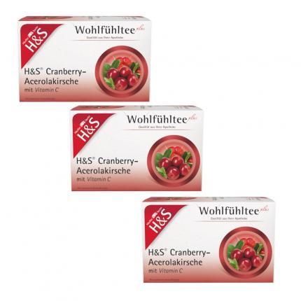 H&amp;S Wohlfühltee Cranberry-Acerolakirsche mit Vitamin C 3er Set